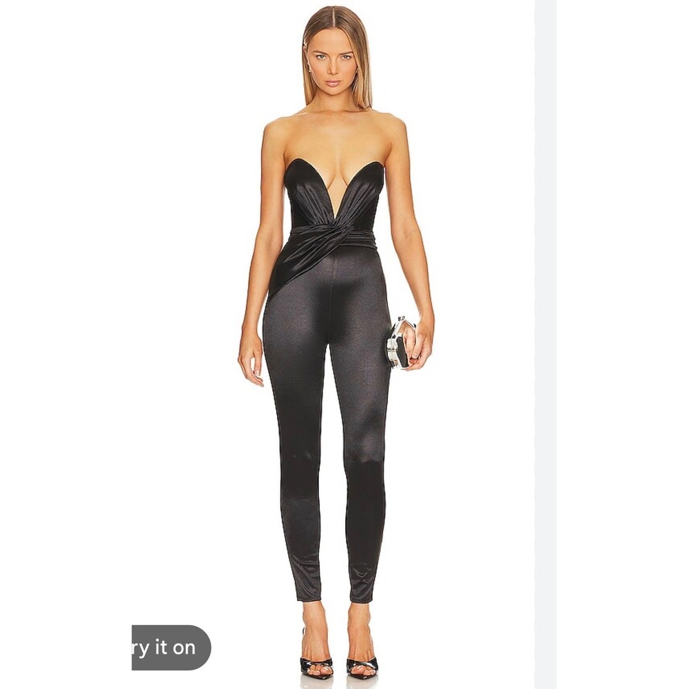 New! NBD Castanha Black Satin Strapless Jumpsuit Size Small $198